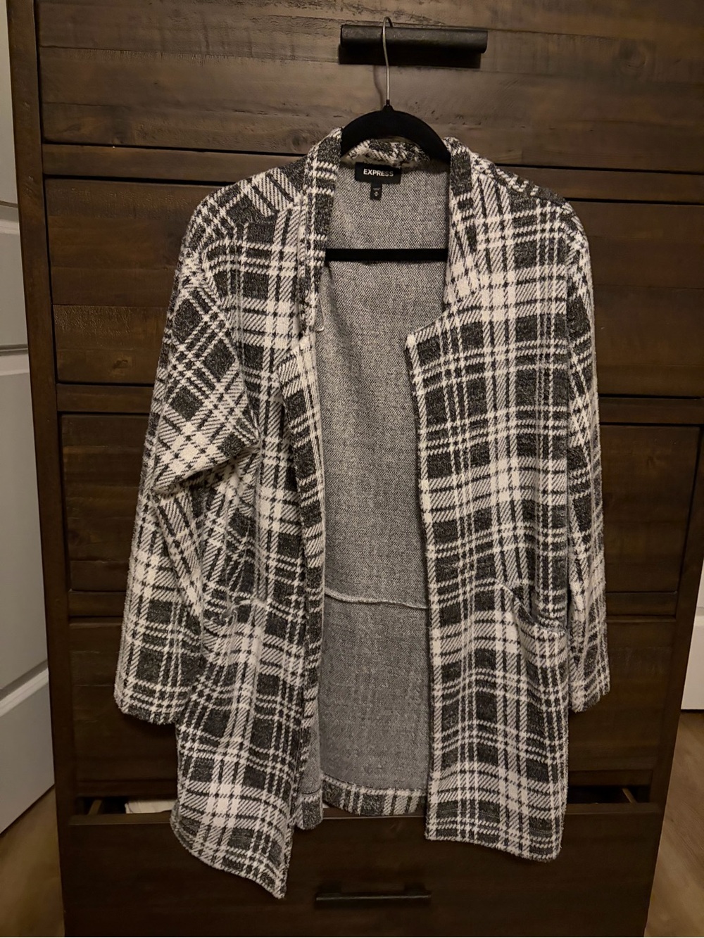 Express Black & White Plaid Open-Front Trench Coat
